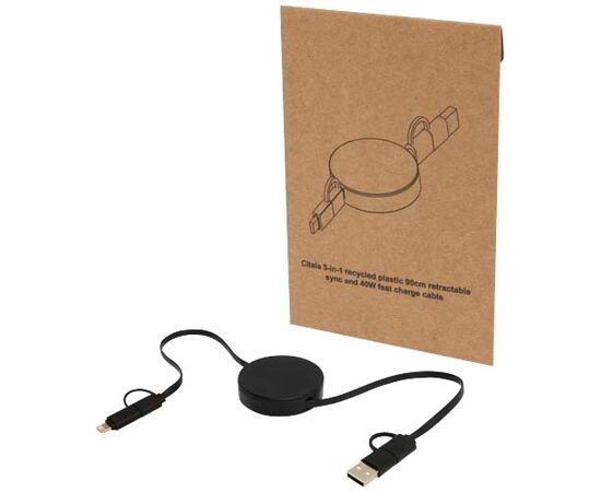 Citala 5-in-1 90 cm intrekbare datasynchronisatie- en 40 W snellaadkabel van gerecycled plastic Zwart - Unbranded 12443090