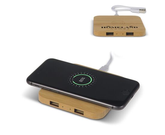 Bamboo Wireless charger with 2 USB hubs 5W Wood -  LT95048-N0093