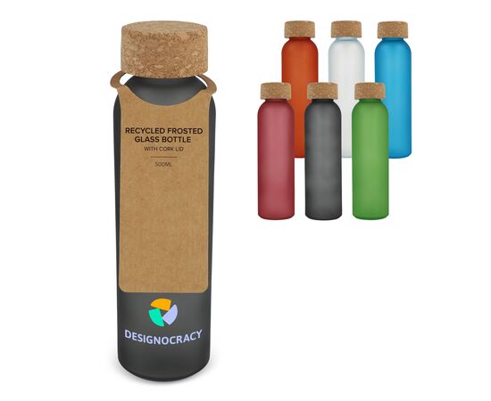 Frosted recycled glass bottle with cork lid 500ml Ecru, Black -  LT98880-N5402