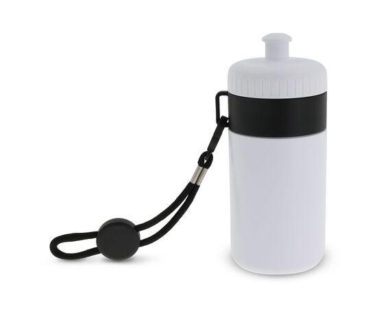 Sportbidon met rand en koord 500ml Wit, Zwart -  LT98785-N0102