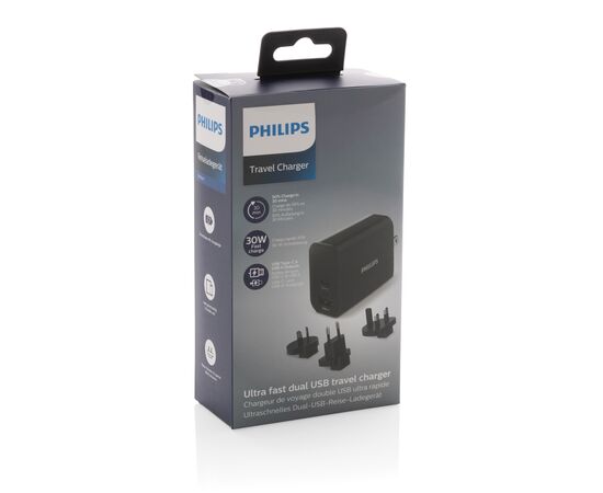 Chargeur USB de Voyage Philips, USB 30W Ultra Rapide Noir - Philips P301.181
