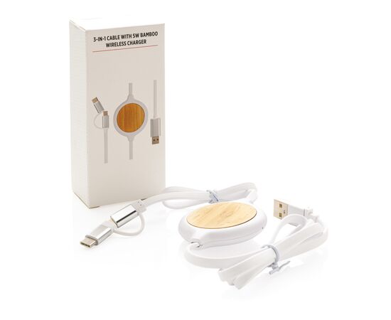 3-in-1 bamboe oplaadkabel met 5W draadloze oplader Wit - XD Collection P302.253