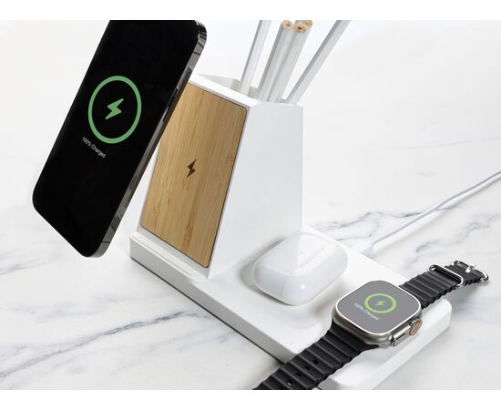 Ontario recycled plastic & bamboo 3-in-1 wireless charger White - XD Xclusive P308.493