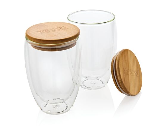 Dubbelwandig borosilicaatglas met bamboe deksel 350ml set Transparant - XD Collection P432.270