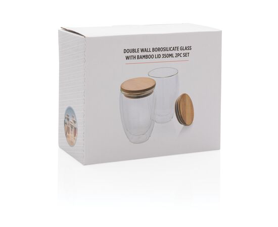 Dubbelwandig borosilicaatglas met bamboe deksel 350ml set Transparant - XD Collection P432.270