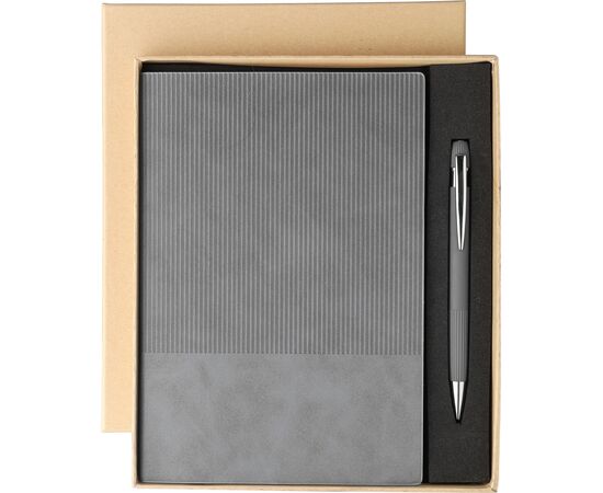 Gerecycled PU-notitieboek (A5) en balpenset Tarek Grijs -  1274009.003