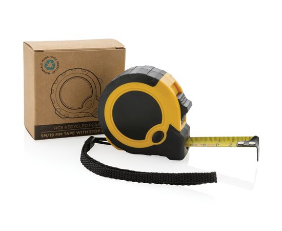 RCS gerecycled plastic 5M/19 mm rolmaat met stop knop Geel, Zwart - XD Collection P112.136