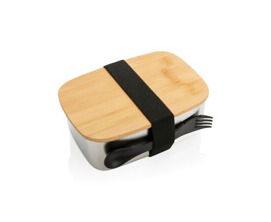 Boîte à Lunch en acier avec couvercle en bambou et cuichette Argent - XD Collection P269.622