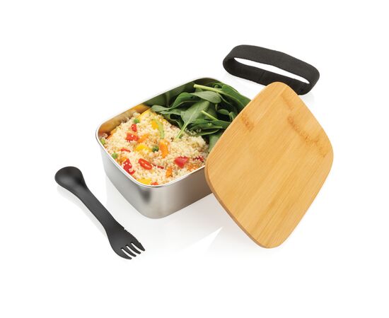 Boîte à Lunch en acier avec couvercle en bambou et cuichette Argent - XD Collection P269.622