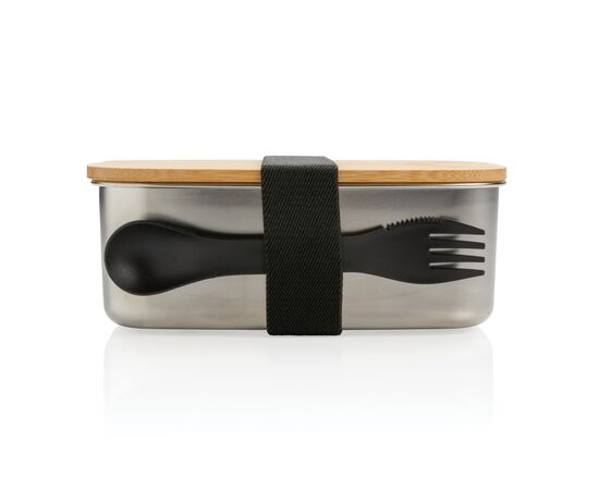 Boîte à Lunch en acier avec couvercle en bambou et cuichette Argent - XD Collection P269.622