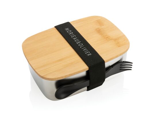 Boîte à Lunch en acier avec couvercle en bambou et cuichette Argent - XD Collection P269.622
