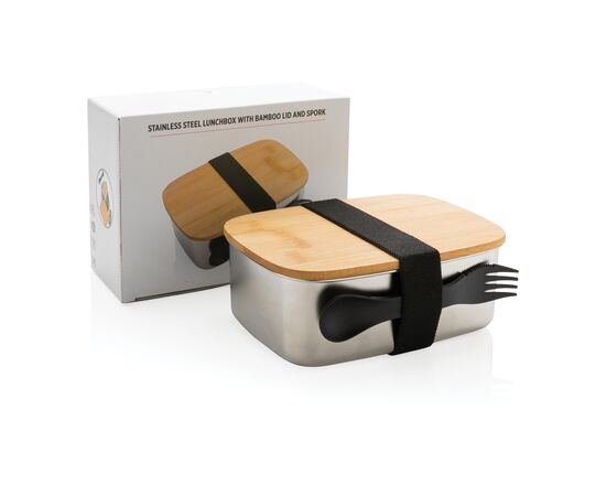 Boîte à Lunch en acier avec couvercle en bambou et cuichette Argent - XD Collection P269.622