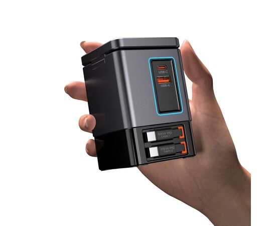 Urban Vitamin Sacramento 105W GaN lader, uittrekbare kabels Grijs, Zwart - Urban Vitamin P309.5402