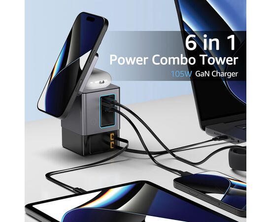 Urban Vitamin Sacramento 105W GaN lader, uittrekbare kabels Grijs, Zwart - Urban Vitamin P309.5402