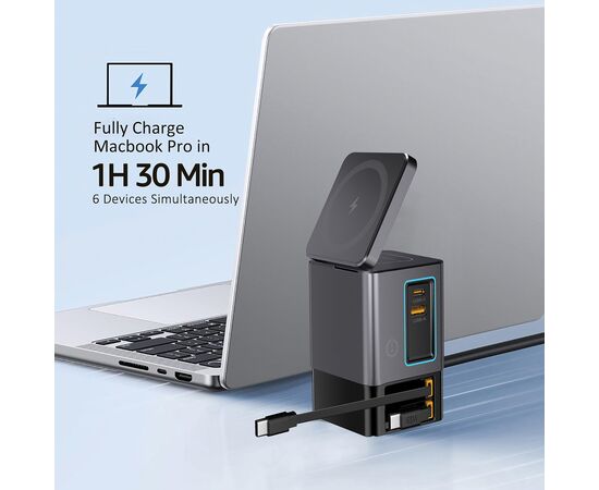 Urban Vitamin Sacramento 105W GaN lader, uittrekbare kabels Grijs, Zwart - Urban Vitamin P309.5402