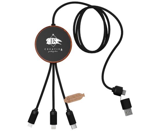 SCX.design C40 5-in-1 oplaadkabel van RPET met oplichtend logo en 10 W oplaadstation Hout, Zwart - SCX.design 1PX07371