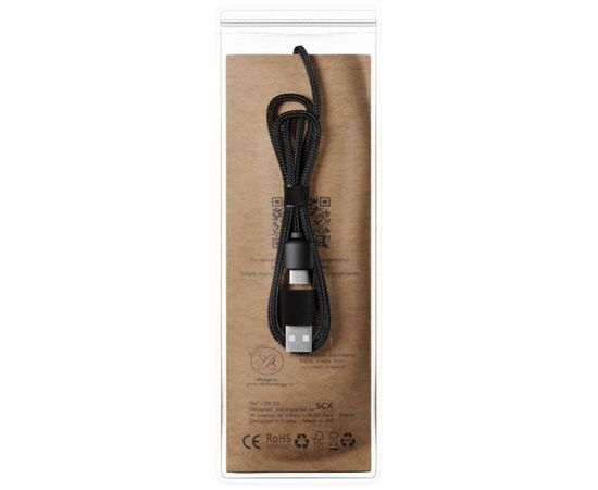 SCX.design C40 5-in-1 oplaadkabel van RPET met oplichtend logo en 10 W oplaadstation Hout, Zwart - SCX.design 1PX07371