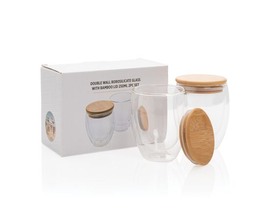 Double wall borosilicate glass with bamboo lid 250ml 2pc set Transparent - XD Collection P432.140