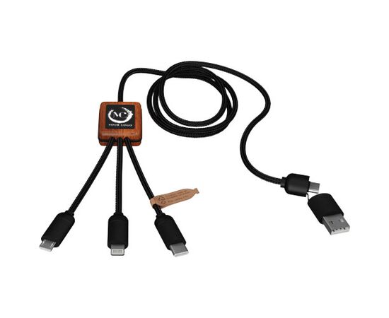 SCX.design C38 40W 5-in-1 Ladekabel aus rPET in quadratischem Bambusgehäuse mit Leuchtlogo Schwarz, Holz - SCX.design 2PX07290