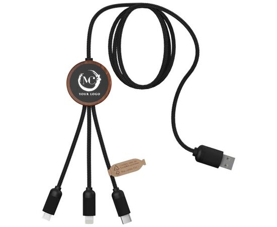 SCX.design C36 3-in-1 verlengde oplaadkabel met oplichtend logo van rPET met ronde bamboe behuizing Hout - SCX.design 2PX08471