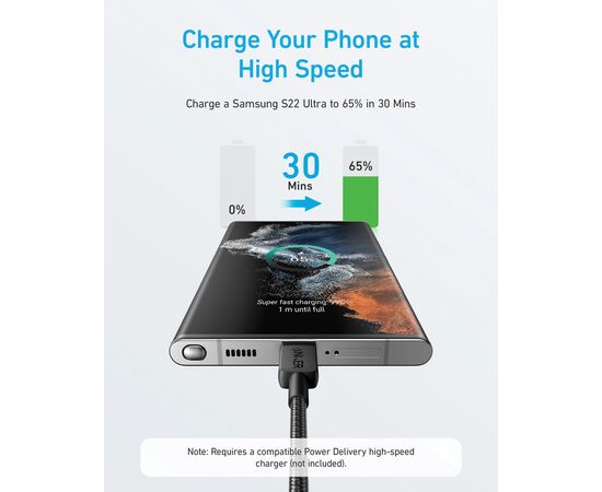 Anker USB-C naar USB-C kabel 1,8 meter 60W Grijs, Zwart - Anker RBA81F6G11