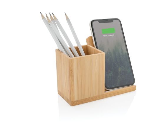 Calgary bamboo 5W wireless charger with pen holder Brown - XD Xclusive P308.289