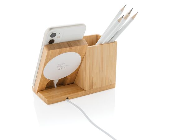 Calgary bamboo 5W wireless charger with pen holder Brown - XD Xclusive P308.289