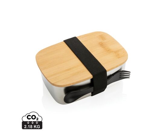 Boîte à Lunch en acier avec couvercle en bambou et cuichette Argent - XD Collection P269.622