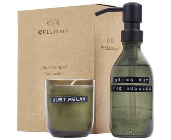 Wellmark Discovery Seifenspender und Duftkerze ´dunkler Bernstein´-Set, 200 ml (Seifenspender) und 150 g (Duftkerze) Waldgrün - WELLmark 12631164