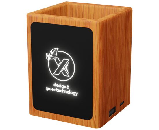SCX.design O12 houten potloodhouder met oplichtend logo en dubbele USB-uitgang Hout - SCX.design 1PX07771