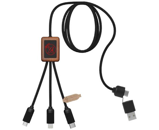 SCX.design C38 40W 5-in-1 rPET light-up logo charging cable with squared wooden casing Red, Wood - SCX.design 2PX07221