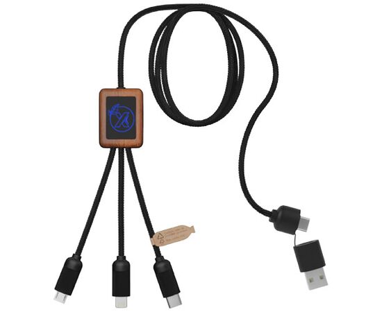 SCX.design C38 40W 5-in-1 rPET light-up logo charging cable with squared wooden casing Blue, Wood - SCX.design 2PX07252