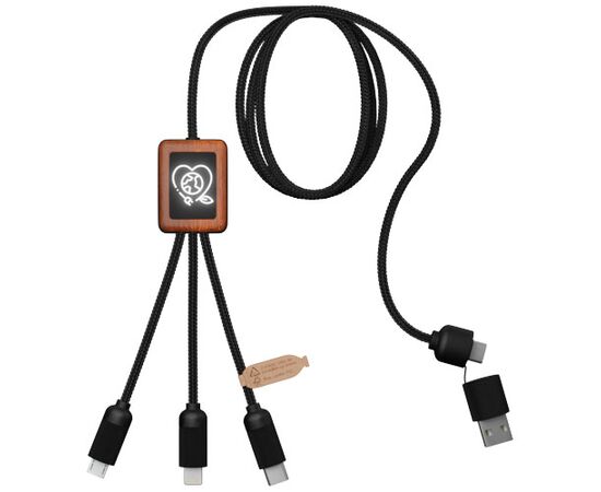 SCX.design C38 40W 5-in-1 Ladekabel aus rPET in quadratischem Bambusgehäuse mit Leuchtlogo Schwarz, Holz - SCX.design 2PX07290
